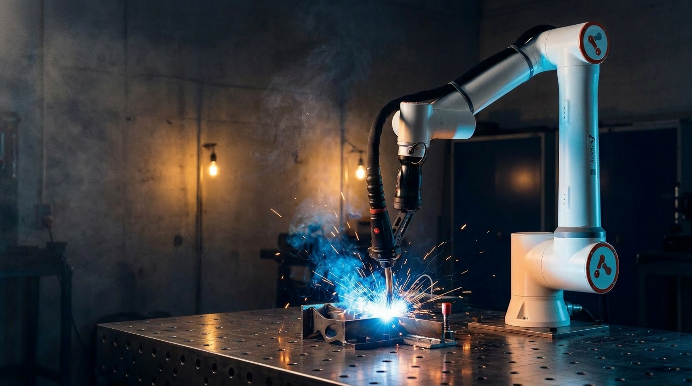 Cobot Avena FR10 spawający stalowy detal metodą MIG — iskry, łuk spawalniczy